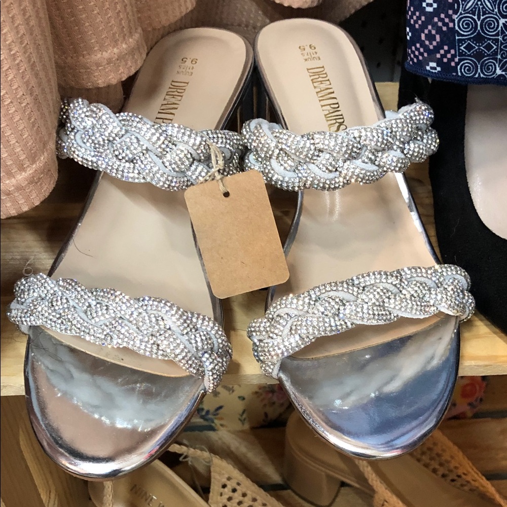 Dream Pairs Silver Braided Crystal Slide Mules